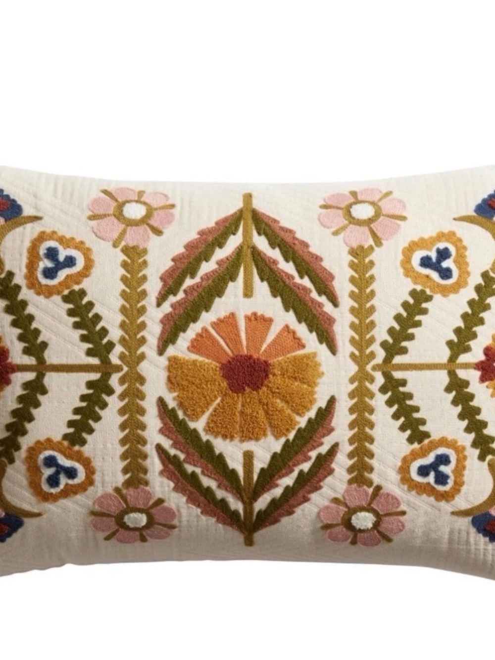 Embroidered Floral Pillow - Cream, Mustard & Olive